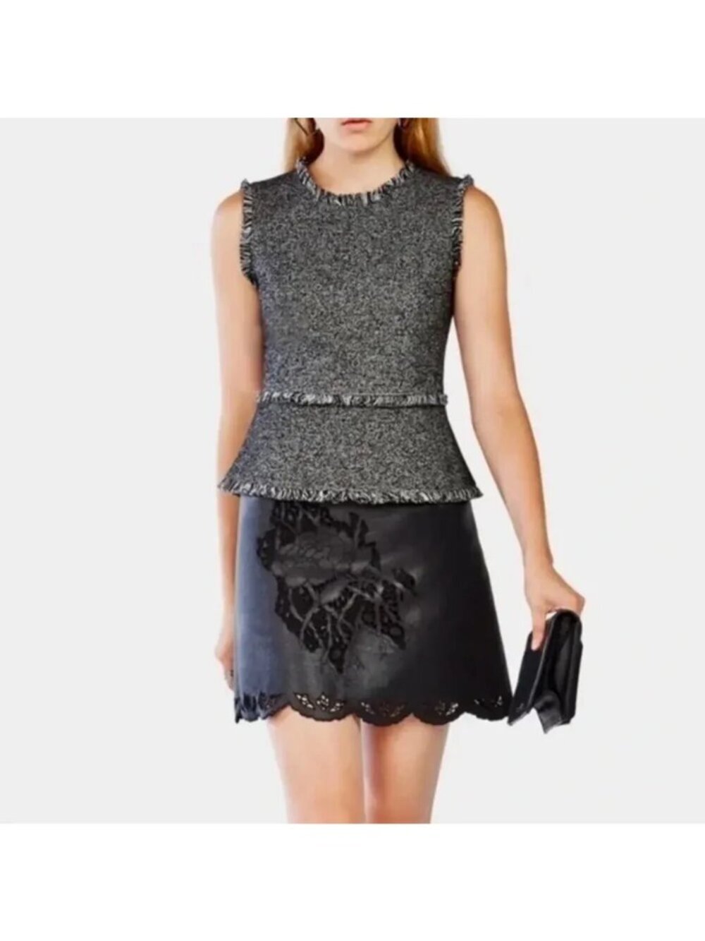 BCBGMAXAZRIA Zhara Black Boucle Tweed Fringed Sleeveless Peplum Top Women L